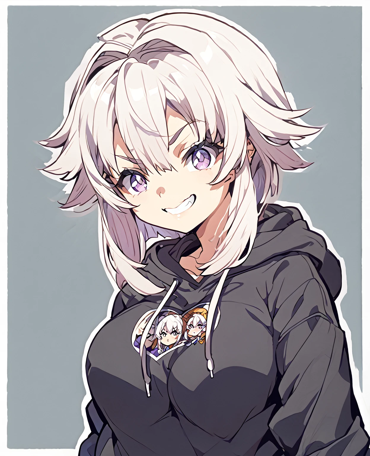 a cartoon of a girl with white hair and purple eyes, [[[[grinning wickedly]]]], anime moe art style, she has a cute and expressive face, in anime style, anime girl named Lucy, cute anime face, in a sweatshirt preto, extremely cute anime girl face, grinning lasciviously, cute anime girl portraits, in a sweatshirt((breasts big))