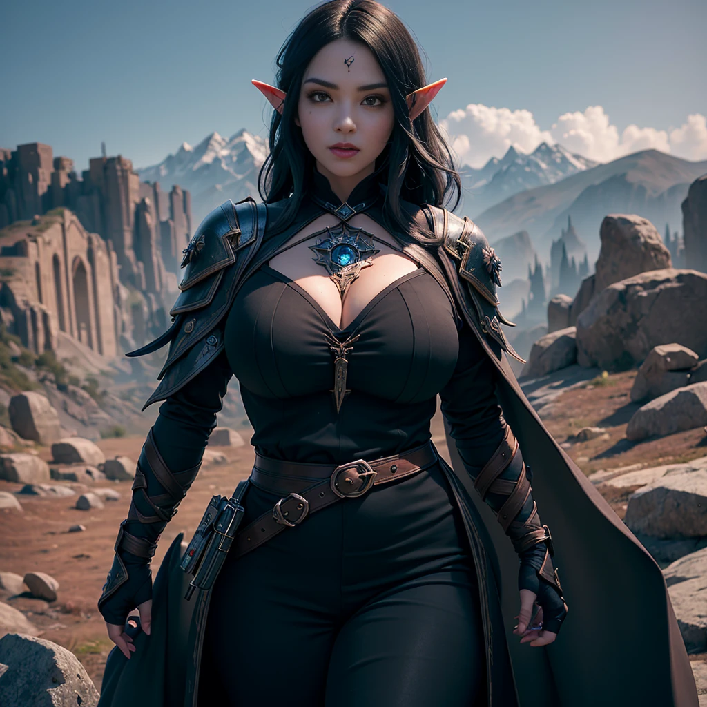 ((Best quality)), ((masterpiece)), (detailed: 1.4), 3D, (half-elf sorceress), (black hair, purple eyes:1.5, pale brown skin), (black robe, purple sleeves, grey pants, black boots and black armbands), (huge tits, big booty, short, curvy), (heavy gothic makeup), HDR (High Dynamic Range),Ray Tracing,NVIDIA RTX,Super-Resolution,Unreal 5,Subsurface dispersion, PBR texture, Post-processing, Anisotropic filtering, Depth of field, Maximum clarity and sharpness, Multilayer textures, Albedo and specular maps, Surface shading, Accurate simulation of light-material interaction, Perfect proportions, Octane Render, Two-tone lighting,Wide aperture,Low ISO,White balance,Rule of thirds,8K RAW,