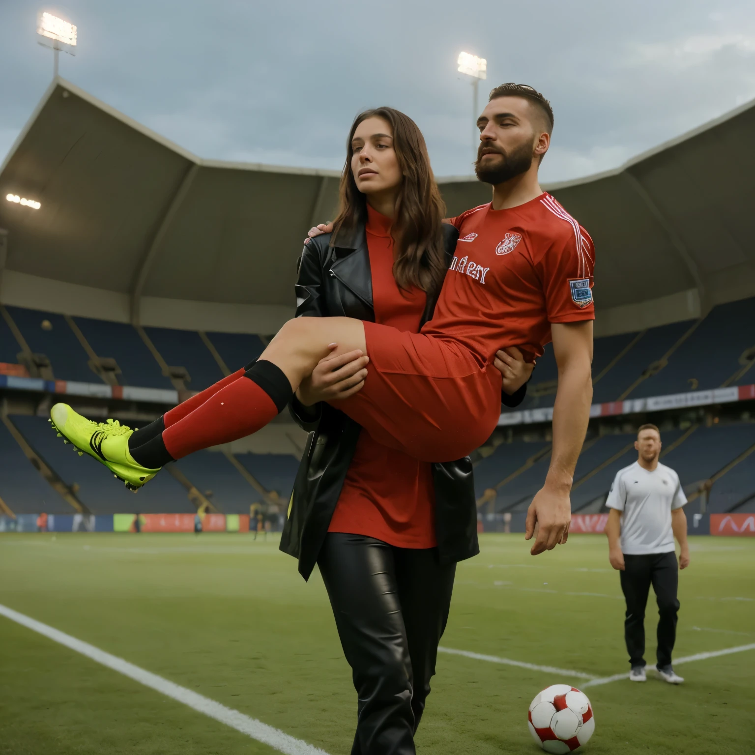 woman carrying man, a passed out bearded man is carried, a woman is carrying a fainted bearded man, a consciousless bearded man, a woman and a bearded man, Andrea carries the wounded man's body in her hands, Andrea grabs his legs and his body with her hands, the bearded man in Andrea's arms is visibly in pain, stadium atmosphere, the bearded man is lying consciousless in Andrea's arms with one arm hanging down, A scene at a soccer stadium, a bearded man lying in a caring women's arms, lying helpless in her arms with his head dangling down, he has one arm dangling down while being carried in the women's arms, There is an attractive and heavily made-up woman in a long black leather coat, A pretty woman in a shiny black leather coat on a soccer field, A wonderful woman is holding a passed out man, A man in matt and roughened sportswear is held diagonal in her arms, a man in a woman's arms and lets one arm dangling down, we see the man held in front of the woman's body, the man is cradled in the woman's arm while being carried, the beautiful woman is exceptionally heavily made up and has an extremely desperate and very angry expression on her face, high-resolution photo, realistic sports photo, soccer scene, woman in black shiny long leather coat, injury scene, real photo, ultra realistic, high definition, sports photography