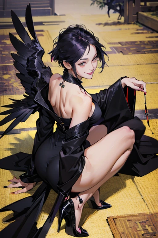 (playing with a raven:1.4).Beautiful Japanese woman, Short, beautiful figure, cute butt. elegant black dress, high heels, (smile). Masterpiece, best quality,(highly detailed:1.2),(detailed face and eyes:1.2), 8k wallpaper, natural lighting. core shadows, high contrast, bokeh.