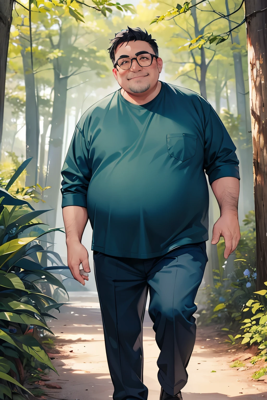 a fat old man of 70 years, black hair with gray, with a smile on your face, with green fishing clothes, blue pants, In the woods.