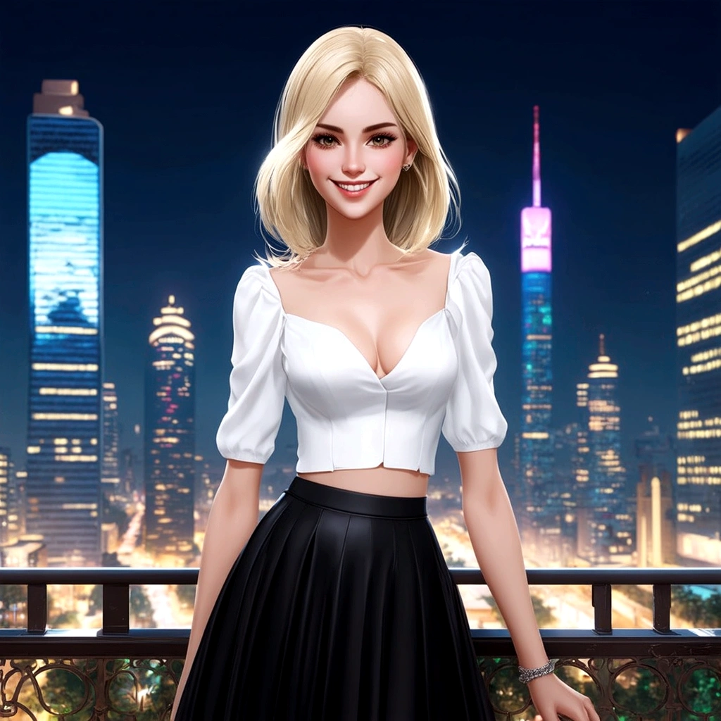 masterpiece, best quality, extremely detailed, hyperrealistic, photorealistic, modern city, night, megapolis, ultra detailed face:1.1, medium hair, blonde hair, pale skin, busty breasts, white blouse, black skirt, seductive smile