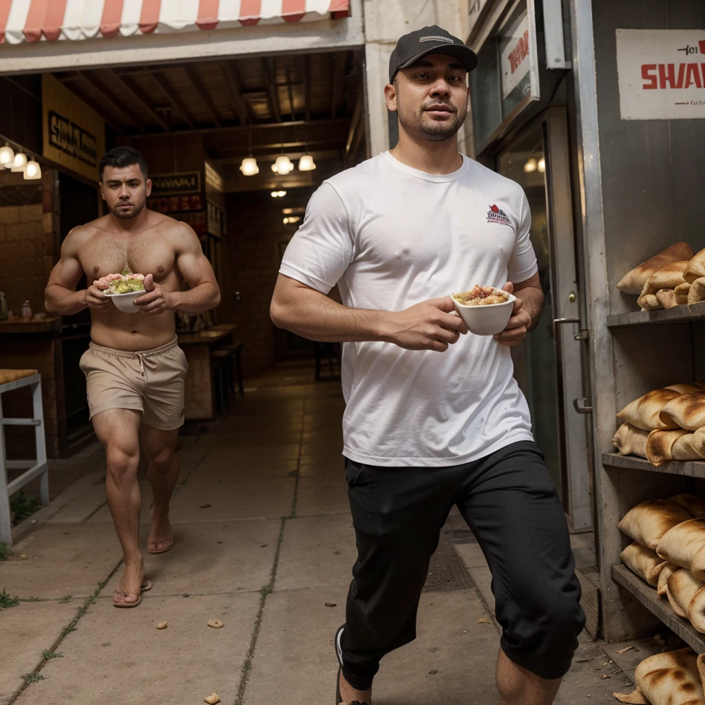 A man with shawarma in his hands runs away from a pig, escape from the pig, Shawarma, большая Shawarma, огромная Shawarma, man holding shawarma in two hands, a man quickly runs away from a pig