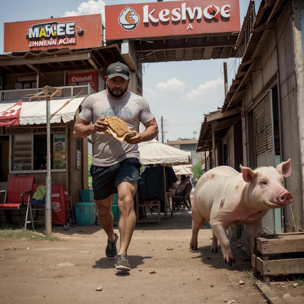 A man with shawarma in his hands runs away from a pig, escape from the pig, Shawarma, большая Shawarma, огромная Shawarma, man holding shawarma in two hands, a man quickly runs away from a pig