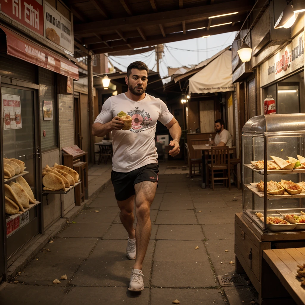 A man with shawarma in his hands runs away from a pig, escape from the pig, Shawarma, большая Shawarma, огромная Shawarma, man holding shawarma in two hands, a man quickly runs away from a pig