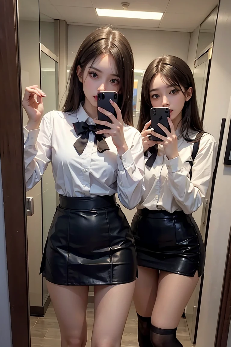 three women in short skirts taking a picture of themselves in a mirror, wearing honey - themed miniskirt, wearing tight simple clothes, mini-skirt, intriguing outfit, long thin legs, 8k)), tight attire, pencil miniskirt, many legs, trending at cgstation, jk uniform, wearing skirt and high socks, cursed photography, miniskirt