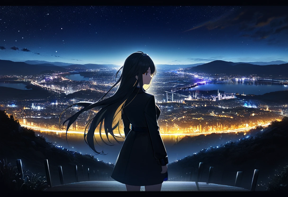 (((zoom out))),8k,((Highest quality)),((high-res)),((shot from behind)),night,She stands front of a beautiful landscape ,gritter,shiny,thank you!