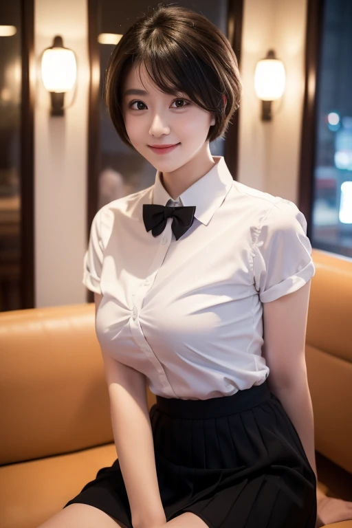 (8K, RAW photos, best quality, masterpiece:1.2), (Practical, photo-Practical:1.37), Extremely detailed,
1 girl,Lovely, Solitary,Beautiful and detailed sky,Detail of cafe,night,sit,Dating,(Red and swollen nose),(Smile:1.1),(Shut up),Large Breasts, seductive Smile, Big Apartment, Professional lighting, Sony A7R4, Jersey 50mm F1.8,
Medium breasts,Beautiful and delicate eyes,(Collared shirt:1.1), bow tie,Pleated Skirt,(short hair:1.2),Flowing hair 