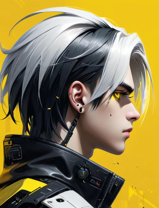Cyberpunk,hyperrealistic, 1 boy with black and white hair,Profile,yellow background, yellow eyes