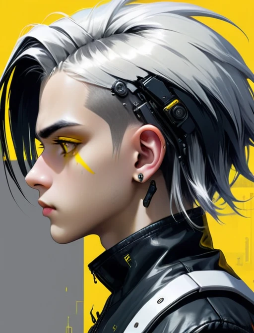 Cyberpunk,hyperrealistic, 1 boy with black and white hair,Profile,yellow background, yellow eyes
