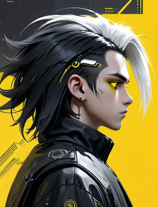 Cyberpunk,hyperrealistic, 1 boy with black and white hair,Profile,yellow background, yellow eyes
