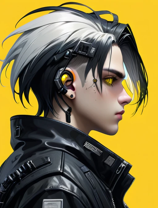 Cyberpunk,hyperrealistic, 1 boy with black and white hair,Profile,yellow background, yellow eyes