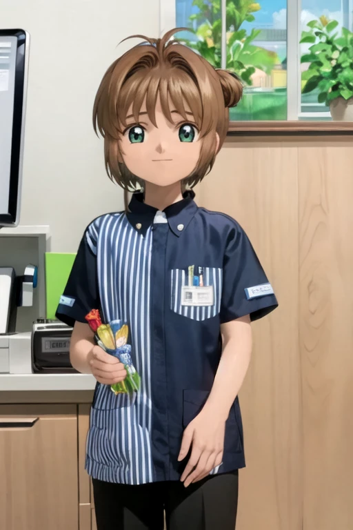 konbini, scenery, shop, indoors, || LAWSONU, employee uniform, uniform, id card, striped, shirt, pants,, ultra detailed, masterpiece, best quality, aesthetic, detailed,, solo, soft smile, light smile,
1girl, medium breasts,アニメ,cute, 6 year old girl,Short Bob Hair,Brown Hair,Your eyes are shining,Happy expression,Beautiful background,High resolution backgrounds,Card Captor Sakura