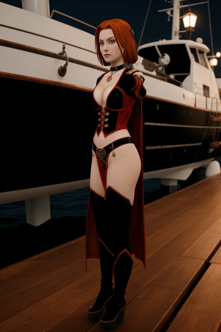 A stunning female rayneclassic stands poised on the weathered deck of a majestic ship at night in Miami. Her porcelain skin glows softly, illuminated by the warm light of the loghthouse. Delicate features and raven tresses frame her enigmatic smile as she gazes out to sea, the wind gently tousling her locks, (((wearing short skirt with long cloak and high boots, medium breasts, cleavage,))), short red hair, looking at the viewer, smiling, closeup portrait, good hands, short hair, red hair,rayneclassic