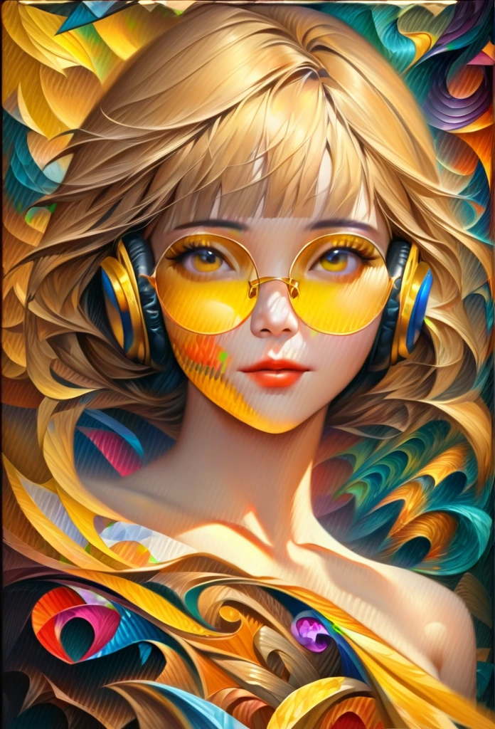 (((yellow glasses:1.3))), headphone, short hair, blunt bangs,Please turn the provided image into a painting keeping the same agape face features and realistic likeness and with the following characteristics: Art Style: Flowing Picasso style. Colors: Vibrant and dynamic, using bold and contrasting colors like the photo Details: Emphasize abstract shapes and flowing lines to capture the essence of her features. Mood: Artistic and expressive, with a surreal and imaginative touch. Background: Complementary to the Picasso style, potentially with abstract elements or patterns. Note: The final image should creatively reinterpret her likeness in a way that feels both unique and artistic, reminiscent of Picasso's distinctive and abstract painting style. ((Create), (top quality, masterpiece, outstanding work of art), (one young girl - 18 years old, nude, full growth, white hair, white skin, scarlet lips-smile; black, expressive playful eyes, long eyelashes), (black translucent - chiffon dress, gold line, very short peignoir dress), (very sexy body, seductive body, small beautiful breasts, genitals), (calm relaxed pose, hair fluttering in the wind, half turn, look at the viewer, stylish girl model)). ((Quality oil painting, outstanding craftsmanship, oil painting done by the hand of a master), (daylight, soft warm shadows, contrasting cold light, reflexes, refraction, tracing)). ((background - stunning blooming irises; (purple, yellow, blue, white), (petals, shoots)).((Highest quality workmanship, realism, oil painting, modern brushwork, master's hand, clear correct anatomy, grace, simplicity performance), (HD quality, clear focus))