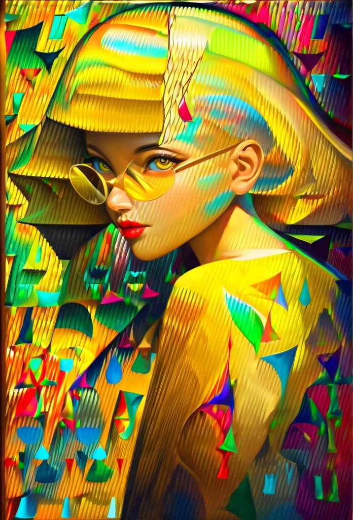 (((yellow glasses:1.3))), headphone, short hair, blunt bangs,Please turn the provided image into a painting keeping the same agape face features and realistic likeness and with the following characteristics: Art Style: Flowing Picasso style. Colors: Vibrant and dynamic, using bold and contrasting colors like the photo Details: Emphasize abstract shapes and flowing lines to capture the essence of her features. Mood: Artistic and expressive, with a surreal and imaginative touch. Background: Complementary to the Picasso style, potentially with abstract elements or patterns. Note: The final image should creatively reinterpret her likeness in a way that feels both unique and artistic, reminiscent of Picasso's distinctive and abstract painting style. ((Create), (top quality, masterpiece, outstanding work of art), (one young girl - 18 years old, nude, full growth, white hair, white skin, scarlet lips-smile; black, expressive playful eyes, long eyelashes), (black translucent - chiffon dress, gold line, very short peignoir dress), (very sexy body, seductive body, small beautiful breasts, genitals), (calm relaxed pose, hair fluttering in the wind, half turn, look at the viewer, stylish girl model)). ((Quality oil painting, outstanding craftsmanship, oil painting done by the hand of a master), (daylight, soft warm shadows, contrasting cold light, reflexes, refraction, tracing)). ((background - stunning blooming irises; (purple, yellow, blue, white), (petals, shoots)).((Highest quality workmanship, realism, oil painting, modern brushwork, master's hand, clear correct anatomy, grace, simplicity performance), (HD quality, clear focus))