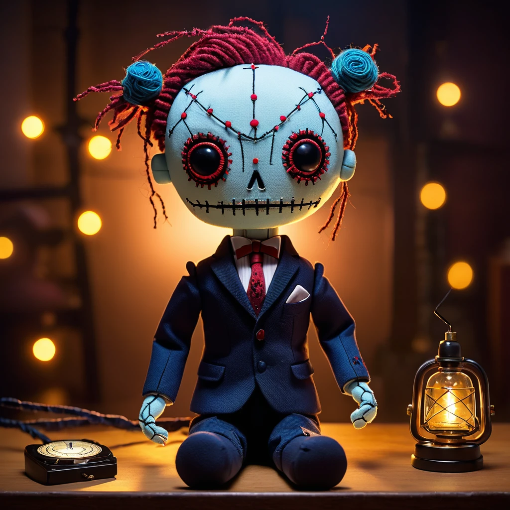 (knitted voodoo doll toy:1.5), (Voodoo stitches in the form of dots and dashes:1.9), (Clothing: 19th century formal suit:1.0), (Accessories: enchanted telegraph key emitting sparks of communication magic, floating spectral dots and dashes:1.1), (background: mystical telegraph office with floating telegraph wires, glowing Morse code symbols and spectral operators:1.2),, best quality, masterpiece, detailed soft oil painting, detailed background, dramatic cinematic lighting, soft edge lighting, professional, dramatic lighting, hard edge lighting, ultra quality, 4k, masterpiece, best quality, 8k, ultra high definition, high resolution, extremely detailed