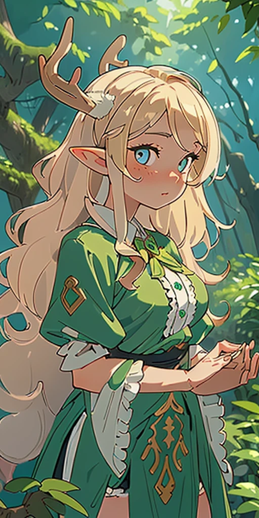 (masterpiece, best quality), 1girl, intricate details, blonde, leaf, wavy hair, looking at viewer, elf, upper body, forest, frills, mist, deer antlers,
