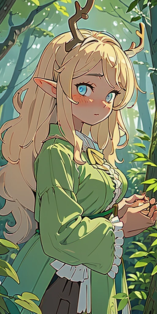 (masterpiece, best quality), 1girl, intricate details, blonde, leaf, wavy hair, looking at viewer, elf, upper body, forest, frills, mist, deer antlers,