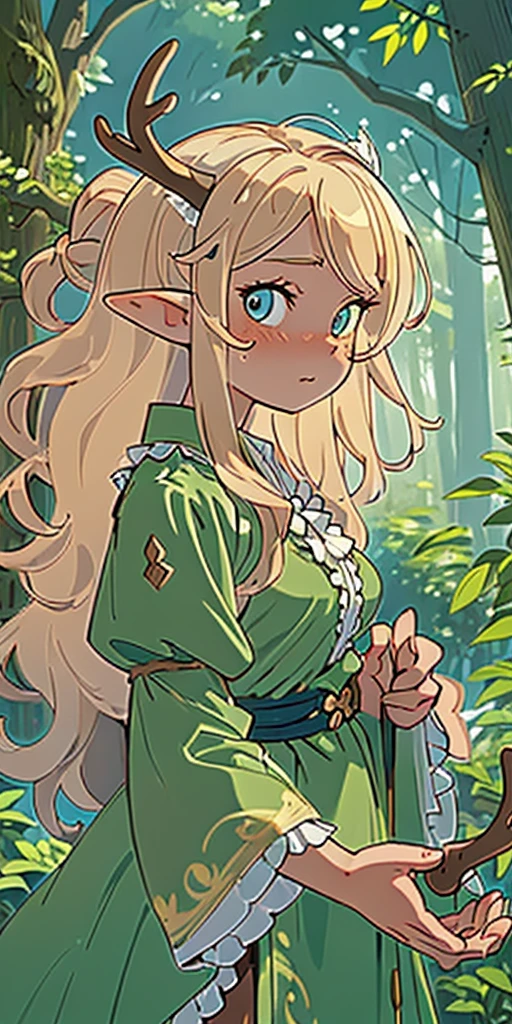 (masterpiece, best quality), 1girl, intricate details, blonde, leaf, wavy hair, looking at viewer, elf, upper body, forest, frills, mist, deer antlers,