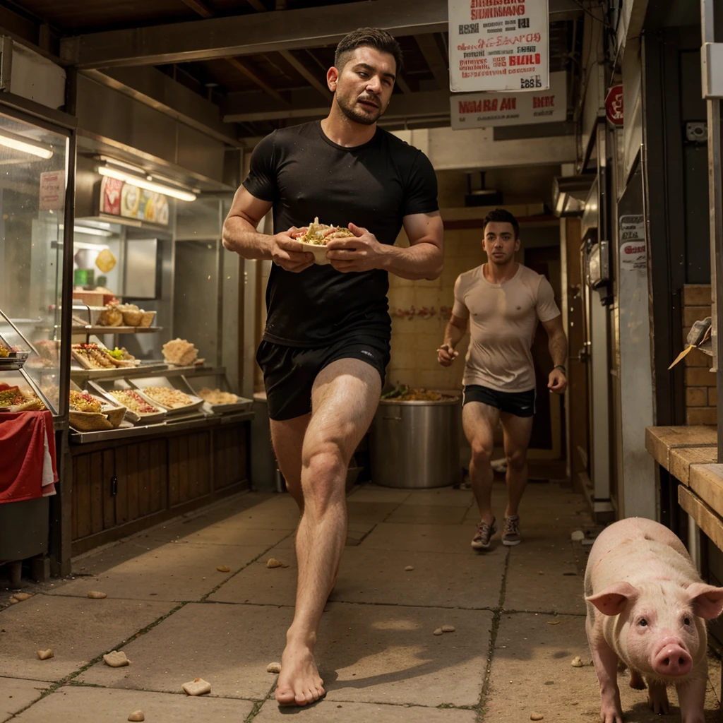 A man with shawarma in his hands runs away from a pig, escape from the pig, Shawarma, большая Shawarma, огромная Shawarma, man holding shawarma in two hands, a man quickly runs away from a pig