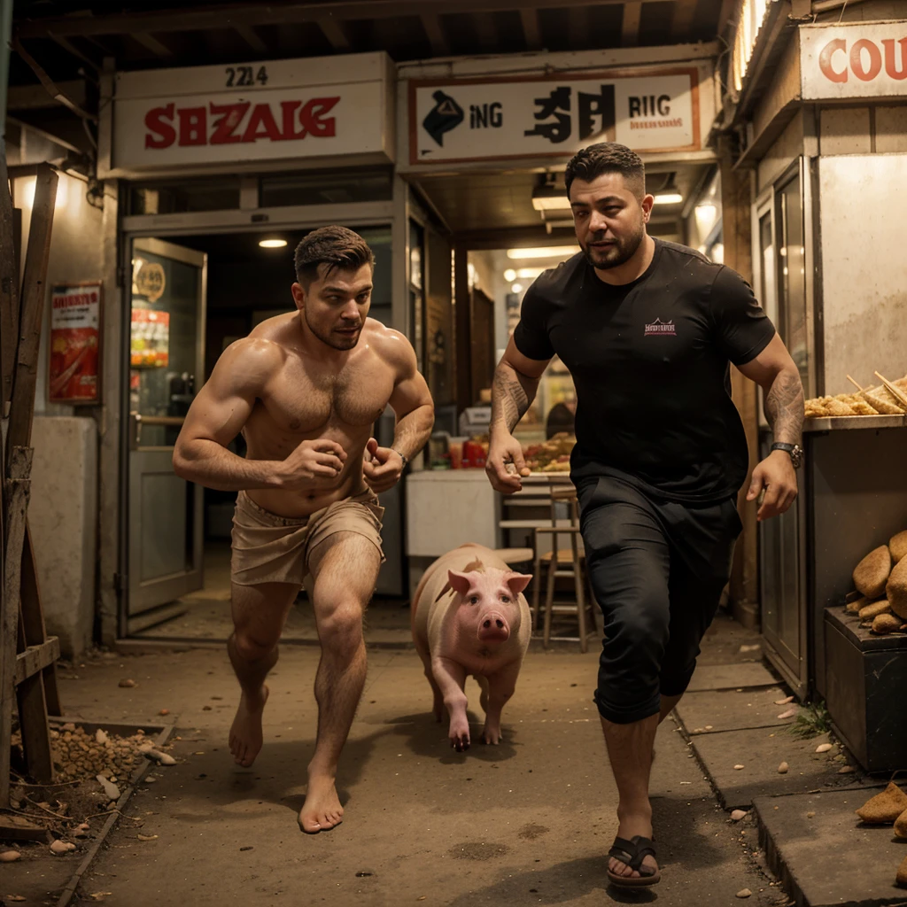 A man with shawarma in his hands runs away from a pig, escape from the pig, Shawarma, большая Shawarma, огромная Shawarma, man holding shawarma in two hands, a man quickly runs away from a pig