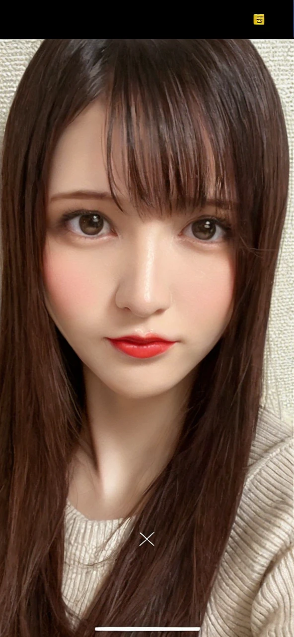 Create a digital portrait of a young woman with the following features:
- Face: Oval-shaped face with fair complexion.
- Eyes: Large, dark brown eyes with a gentle expression.
- Hair: Long, straight dark brown hair with soft bangs that slightly cover the forehead.
- Lips: Full, slightly pouty lips with a subtle red lipstick.
Details:
- Focus on the facial features, ensuring the eyes and lips stand out prominently.
- Maintain a natural look with soft lighting that enhances the fairness of the skin.
- Avoid including any background elements or clothing details.
