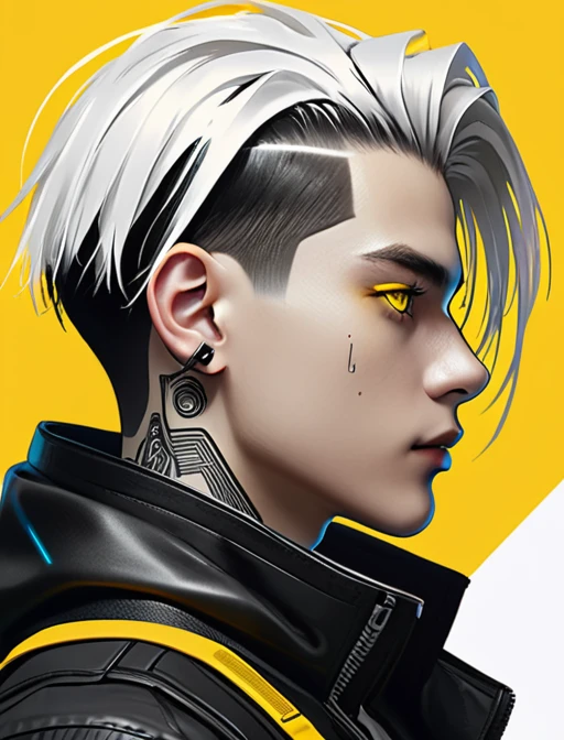Cyberpunk,hyperrealistic, 1 boy with black and white hair,Profile,yellow background, yellow eyes