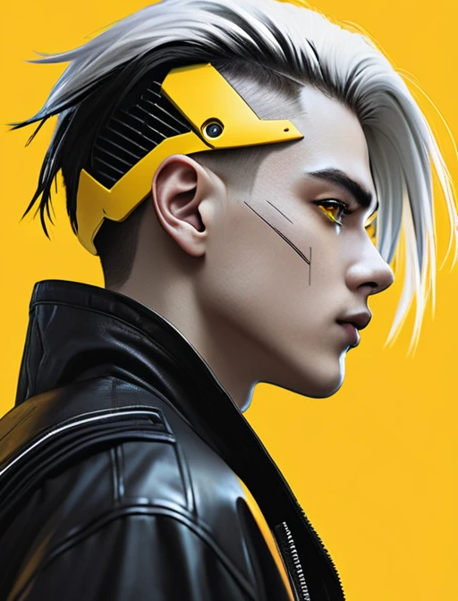 Cyberpunk,hyperrealistic, 1 boy with black and white hair,Profile,yellow background, yellow eyes