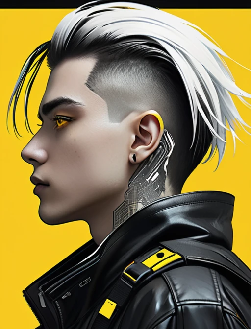 Cyberpunk,hyperrealistic, 1 boy with black and white hair,Profile,yellow background, yellow eyes