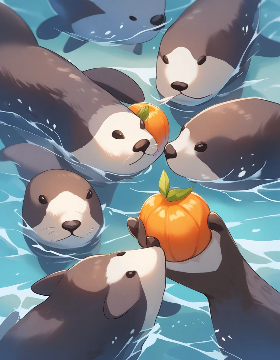 Four sea otters floating in the ocean、Holding a tangerine in both hands、character