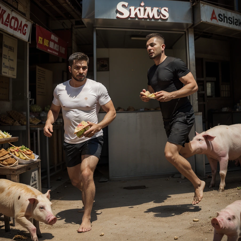 A man with shawarma in his hands runs away from a pig, escape from the pig, Shawarma, большая Shawarma, огромная Shawarma, man holding shawarma in two hands, a man quickly runs away from a pig