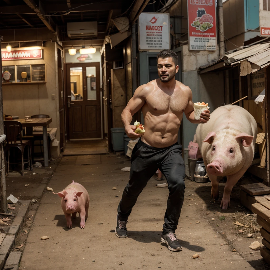 A man with shawarma in his hands runs away from a pig, escape from the pig, Shawarma, большая Shawarma, огромная Shawarma, man holding shawarma in two hands, a man quickly runs away from a pig