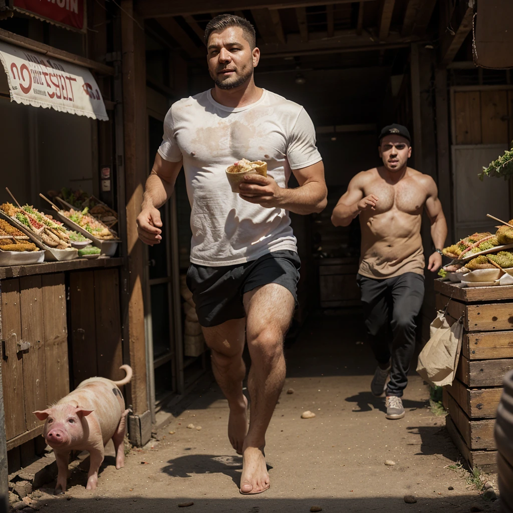 A man with shawarma in his hands runs away from a pig, escape from the pig, Shawarma, большая Shawarma, огромная Shawarma, man holding shawarma in two hands, a man quickly runs away from a pig