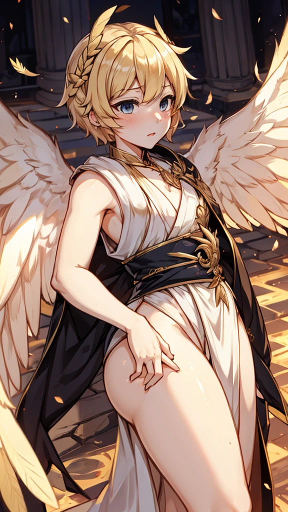 Angel女孩,Angel女孩,Blonde short hair,情趣robe,robe,高开叉robe,Western style,贵族风格robe,Angel,wing,wing,wing,wing,feather,Greek style,laurels,Close-up above the waist,Wide crotch,femboy,Fat buttocks,Big butt