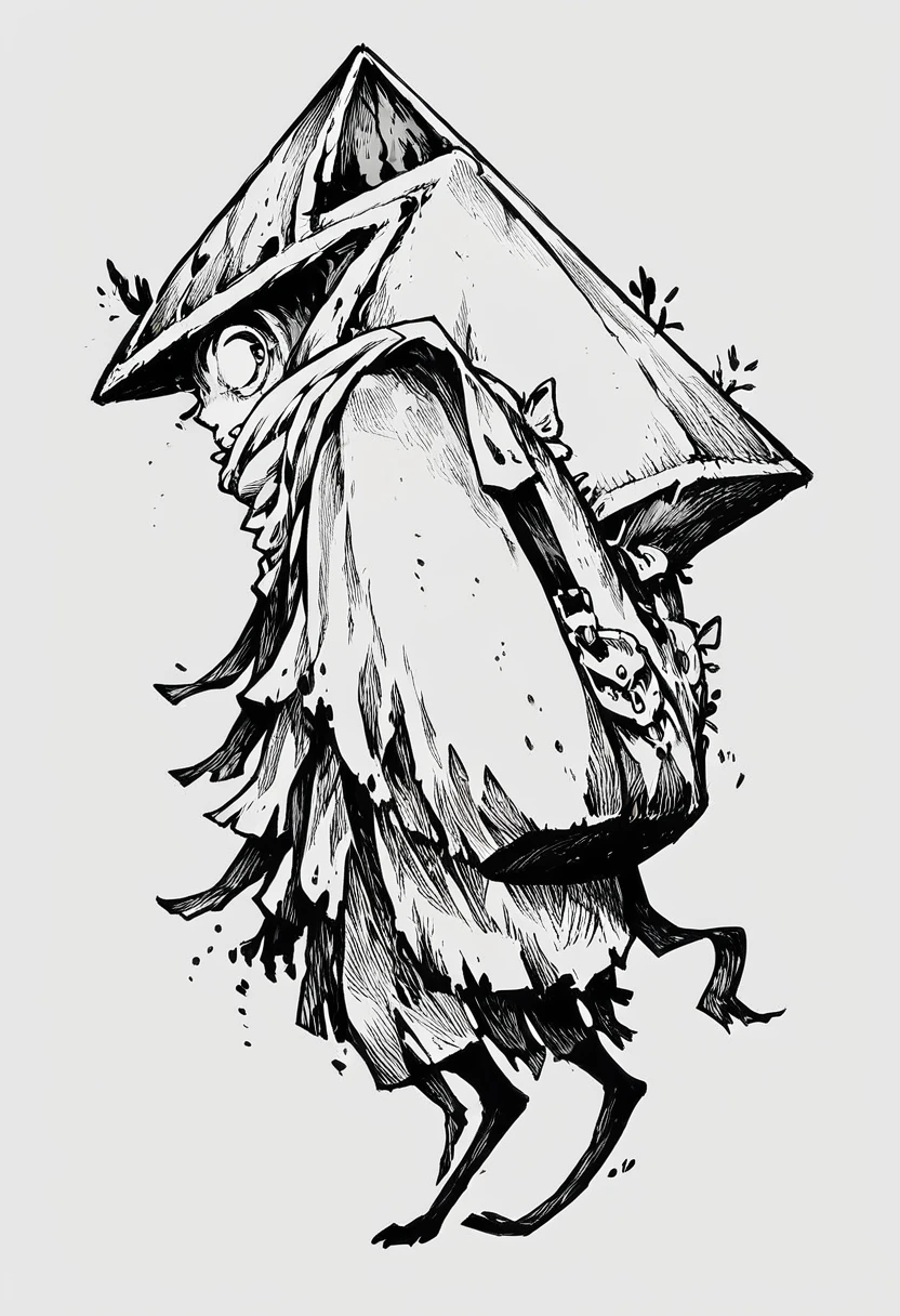 score_9, score_8_up, score_7_up, sketch, 1boy, a boy with a pyramid as a head, dark art, horror art, lean sketch lines, white background