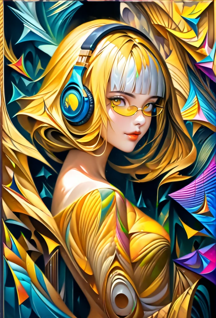 (((yellow glasses:1.3))), headphone, short hair, blunt bangs,Please turn the provided image into a painting keeping the same agape face features and realistic likeness and with the following characteristics: Art Style: Flowing Picasso style. Colors: Vibrant and dynamic, using bold and contrasting colors like the photo Details: Emphasize abstract shapes and flowing lines to capture the essence of her features. Mood: Artistic and expressive, with a surreal and imaginative touch. Background: Complementary to the Picasso style, potentially with abstract elements or patterns. Note: The final image should creatively reinterpret her likeness in a way that feels both unique and artistic, reminiscent of Picasso's distinctive and abstract painting style. ((Create), (top quality, masterpiece, outstanding work of art), (one young girl - 18 years old, nude, full growth, white hair, white skin, scarlet lips-smile; black, expressive playful eyes, long eyelashes), (black translucent - chiffon dress, gold line, very short peignoir dress), (very sexy body, seductive body, small beautiful breasts, genitals), (calm relaxed pose, hair fluttering in the wind, half turn, look at the viewer, stylish girl model)). ((Quality oil painting, outstanding craftsmanship, oil painting done by the hand of a master), (daylight, soft warm shadows, contrasting cold light, reflexes, refraction, tracing)). ((background - stunning blooming irises; (purple, yellow, blue, white), (petals, shoots)).((Highest quality workmanship, realism, oil painting, modern brushwork, master's hand, clear correct anatomy, grace, simplicity performance), (HD quality, clear focus))
