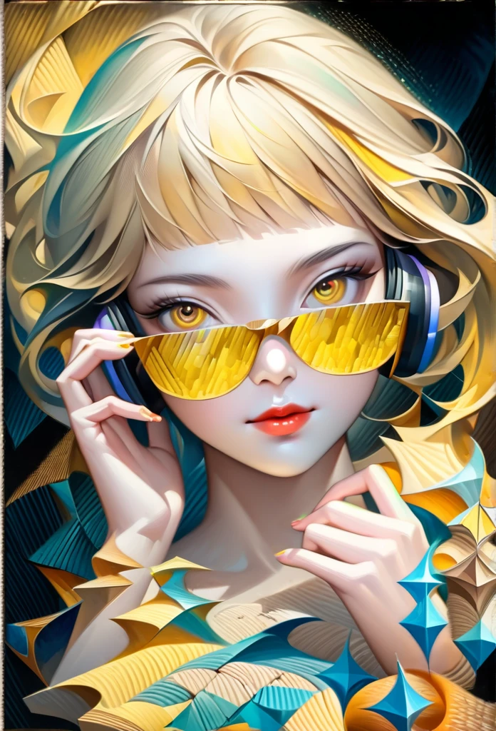 (((yellow glasses:1.3))), headphone, short hair, blunt bangs,Please turn the provided image into a painting keeping the same agape face features and realistic likeness and with the following characteristics: Art Style: Flowing Picasso style. Colors: Vibrant and dynamic, using bold and contrasting colors like the photo Details: Emphasize abstract shapes and flowing lines to capture the essence of her features. Mood: Artistic and expressive, with a surreal and imaginative touch. Background: Complementary to the Picasso style, potentially with abstract elements or patterns. Note: The final image should creatively reinterpret her likeness in a way that feels both unique and artistic, reminiscent of Picasso's distinctive and abstract painting style. ((Create), (top quality, masterpiece, outstanding work of art), (one young girl - 18 years old, nude, full growth, white hair, white skin, scarlet lips-smile; black, expressive playful eyes, long eyelashes), (black translucent - chiffon dress, gold line, very short peignoir dress), (very sexy body, seductive body, small beautiful breasts, ????????), (calm relaxed pose, hair fluttering in the wind, half turn, look at the viewer, stylish girl model)). ((Quality oil painting, outstanding craftsmanship, oil painting done by the hand of a master), (daylight, soft warm shadows, contrasting cold light, reflexes, refraction, tracing)). ((background - stunning blooming irises; (purple, yellow, blue, white), (petals, shoots)).((Highest quality workmanship, realism, oil painting, modern brushwork, master's hand, clear correct ???????, grace, simplicity performance), (HD quality, clear focus))