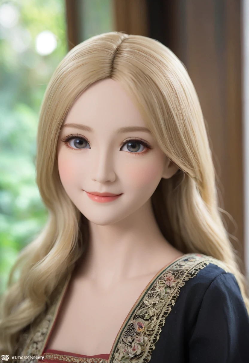 Leila、18-year-old、(Russian women)、(Big droopy eyes)、(Thin contours:1.3)、(Grey Eyes:1.8)、(Realistic bust size 90cm:1.3)、(Narrow waist)、(Natural blonde medium long hair:1.3)8-head-tall model style、Long dress、Inside the room、smile