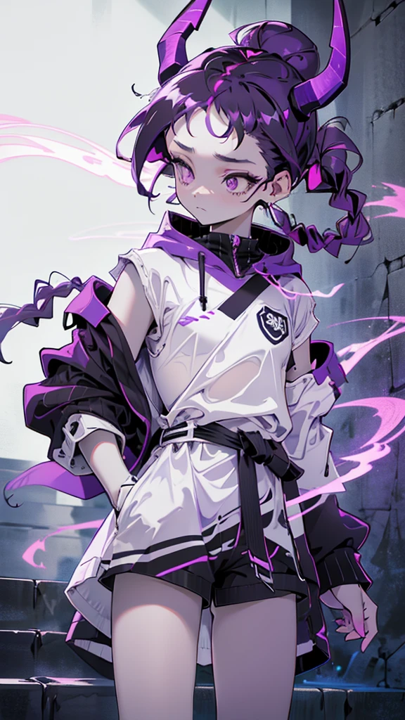 boy, thoughtful look, open forehead, black and purple hair braided into a ponytail on the left side in a bun. black horns with white ribbon, pale violet eyes, short dark purple shorts. Long white t-shirt. dark purple knee socks. dark purple hooded robe,  with a pattern of gold circles and a white robe on the inside. dark corridor with stairs, rays of light fall from above