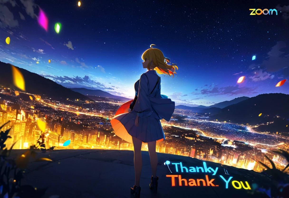 (((zoom out))),8k,((Highest quality)),((high-res)),((shot from behind)),night,She stands front of a beautiful landscape ,colorful,thank you!