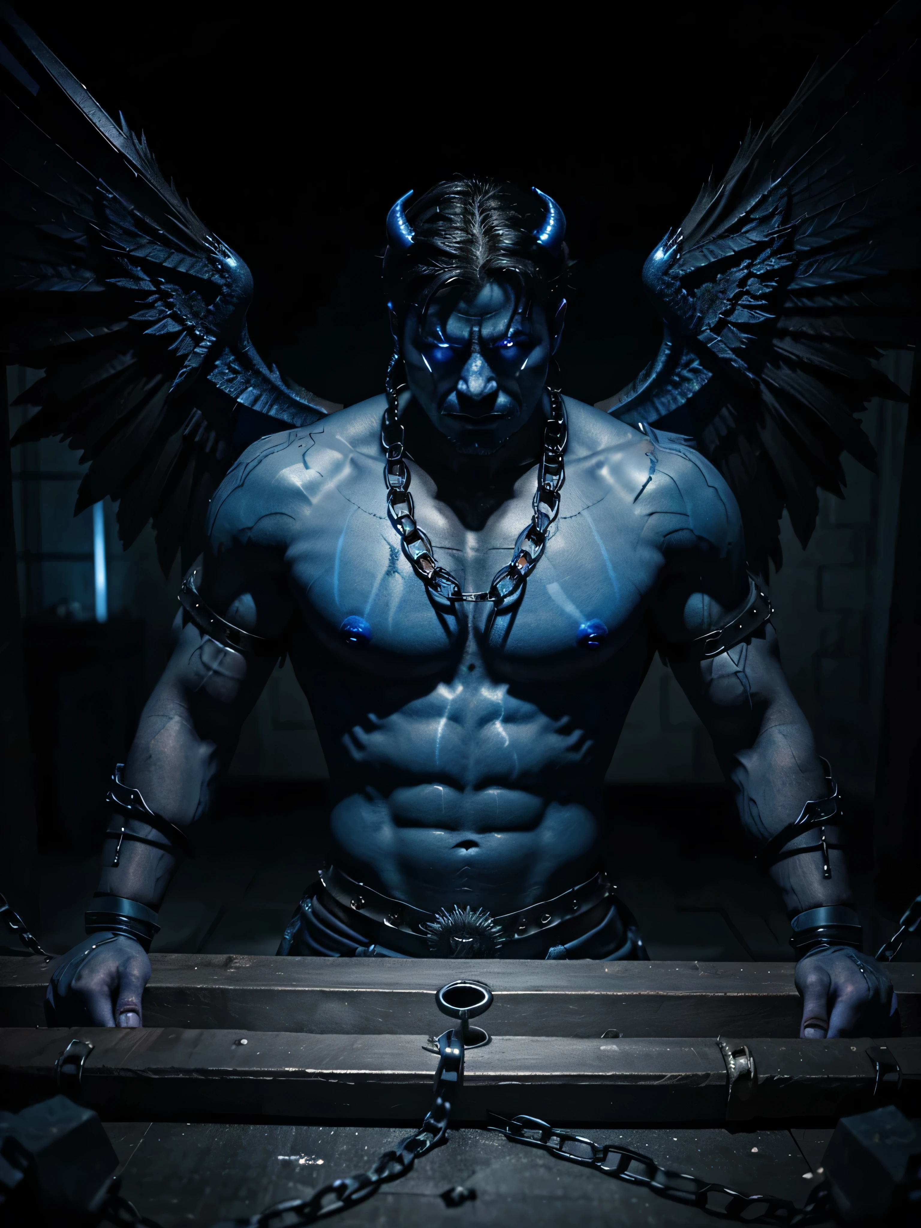A blue glowing demon hybrid warrior with heavy chains on him and broken bloody wings