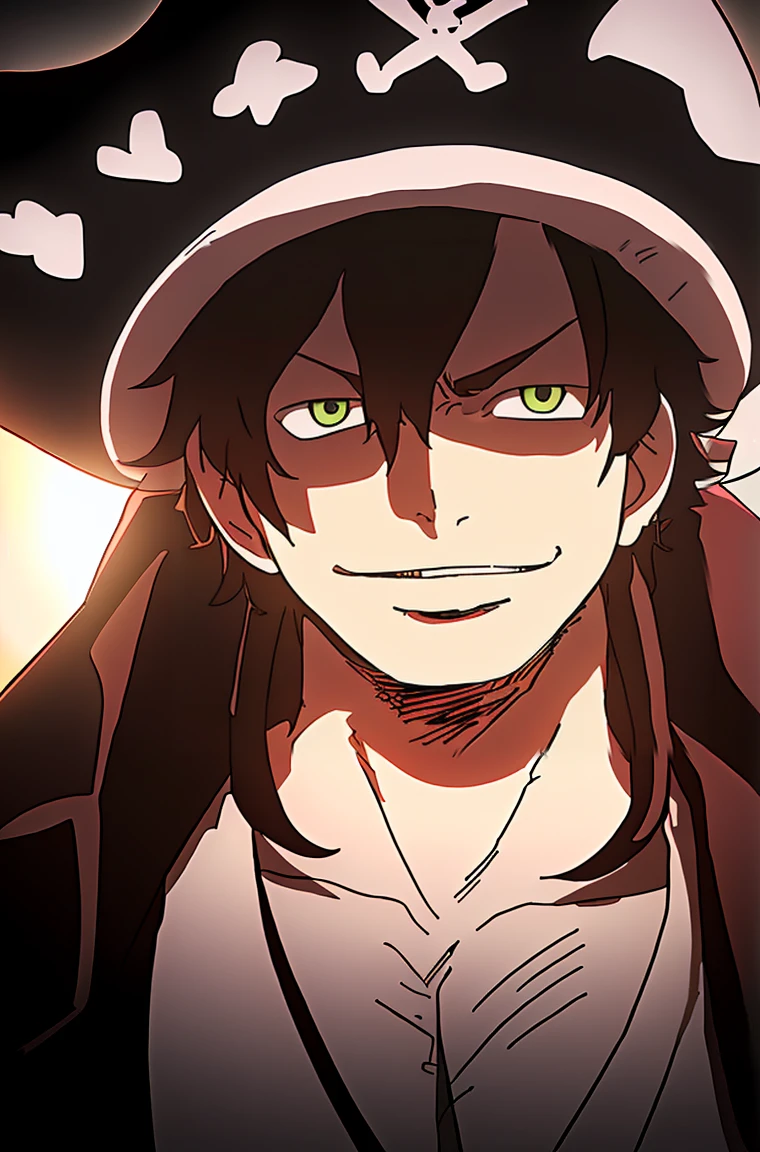 1boy, wanostyle, 1 men, smiling, pirate capitan hat, looking at viewer, solo, upper body, ((masterpiece)), (best quality), (extremely detailed), depth of field, sketch, dark intense shadows, sharp focus, soft lighting, hdr, colorful, good composition, red and black lightning all around, spectacular, white shirt with lace, half the buttons are not fastened, anime screencap, scar under eye, long hair, ready to fight, green eyes