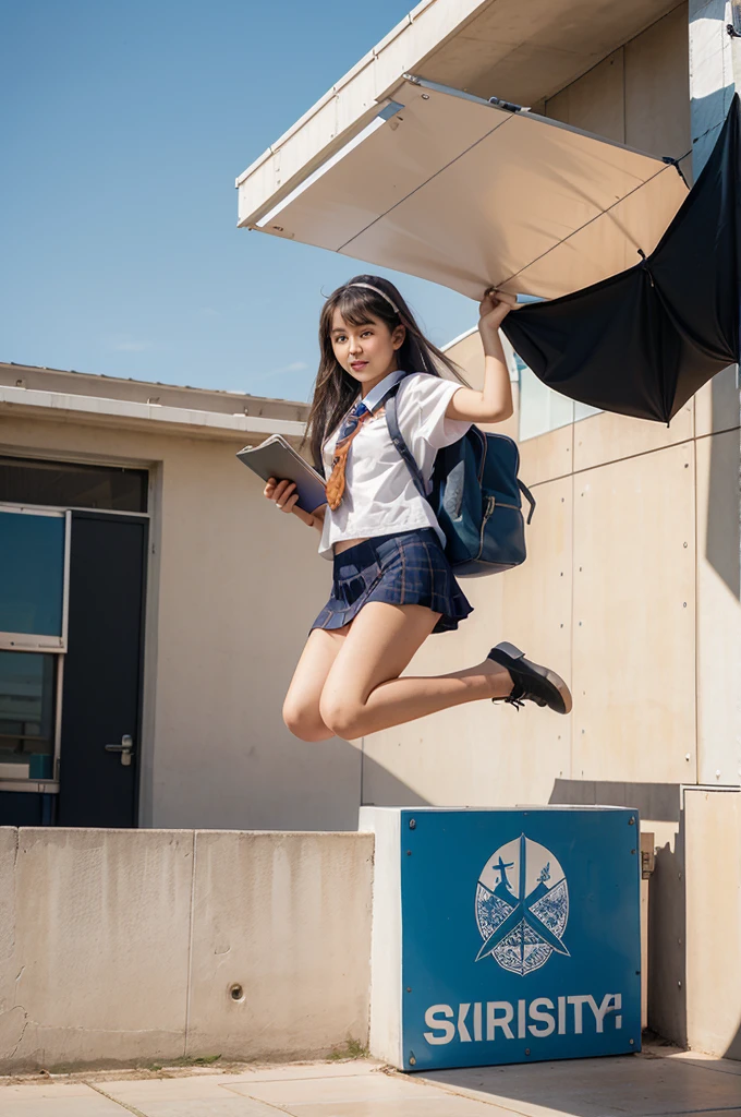 girl is on a flying book at the sky with friends. Creativity Education. Unique artstyle