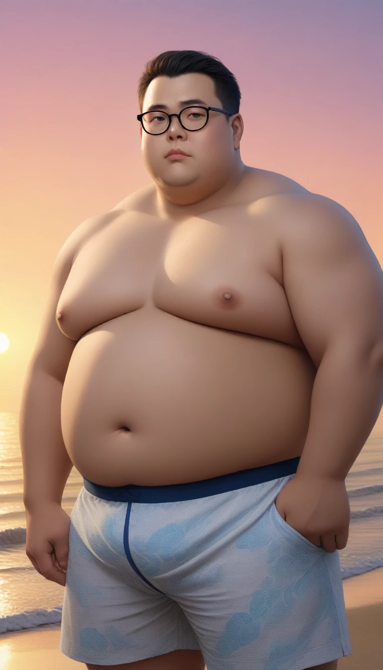 A fat man,Big eyes,Black round glasses,short hair,Round inches,Big round face,Very large and well-developed chest muscles,Big full belly,Standing on the beach far away from the sunset,The upper body is bare,Wearing briefs with bulge in the crotch,Oriental male,full-body shot