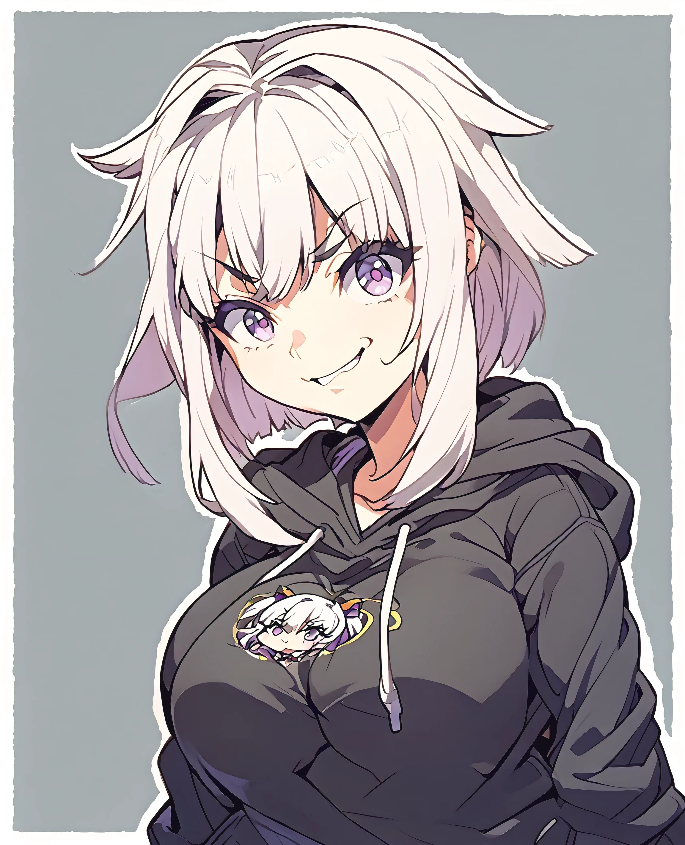 a cartoon of a girl with white hair and purple eyes, [[[[grinning wickedly]]]], anime moe art style, she has a cute and expressive face, in anime style, anime girl named Lucy, cute anime face, in a sweatshirt preto, extremely cute anime girl face, grinning lasciviously, cute anime girl portraits, in a sweatshirt((breasts big))