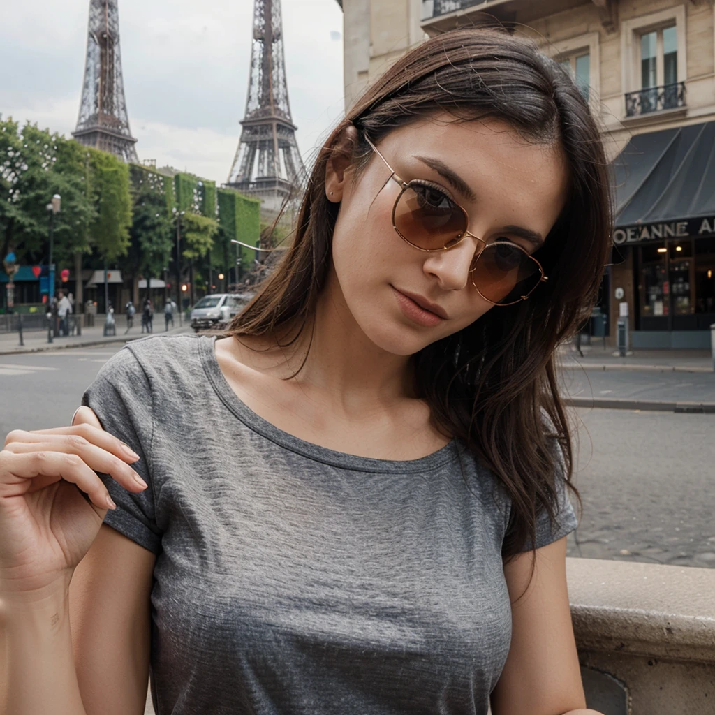 Give me image of the woman, alone, In Paris, the Eiffel tower in the background, with sunglasses, posing as a model, with a low-cut T-shirt