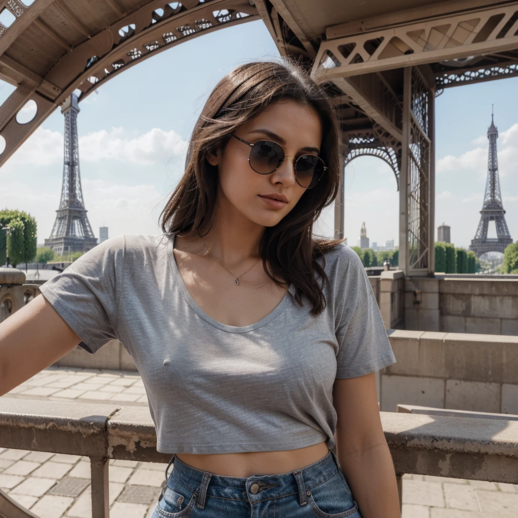 Give me image of the woman, alone, In Paris, the Eiffel tower in the background, with sunglasses, posing as a model, with a low-cut T-shirt