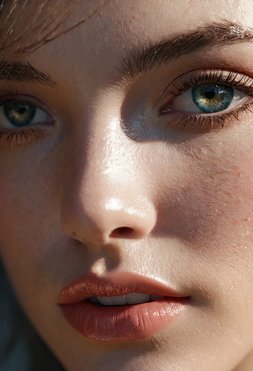 a stunning image of a female face with light in it, in the style of unreal engine, richard phillips, animated gifs, macro lens, kelly sue deconnick, guillem h. pongiluppi, photo-realistic hyperbole --ar 69:128 --s 750 --v 5.2
