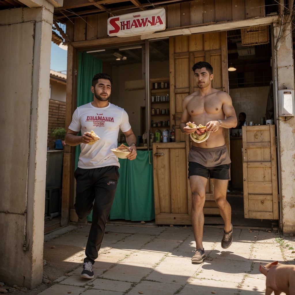 A man with shawarma in his hands runs away from a pig, escape from the pig, Shawarma, большая Shawarma, огромная Shawarma, man holding shawarma in two hands, a man quickly runs away from a pig, большая длинная Shawarma, shavuha is huge, lavash